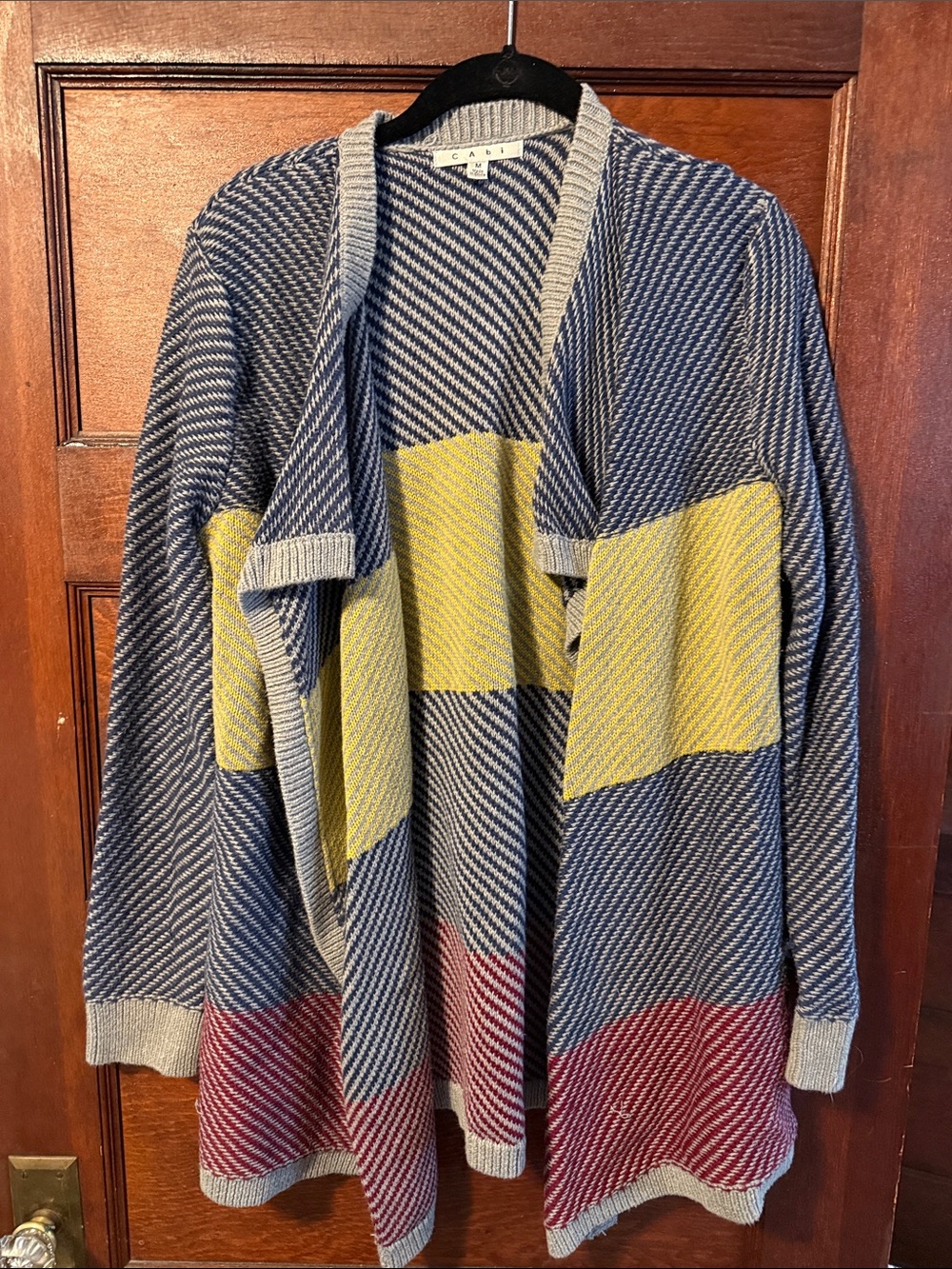 CAbi Open-Front Knit Cardigan in Blue, Yellow, Red